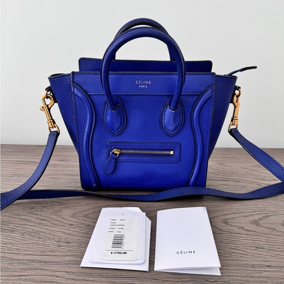 Celine Nano Luggage Bag - Blue Drummed Leather with Crossbody Strap - Picture 6 of 8